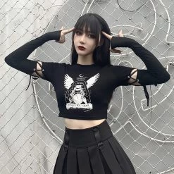 Juwas Gothic Angel Black Long Sleeve Crop Top NEW ARRIVAL