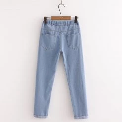 Juwas NEW ARRIVAL Retro Japanese Cat Embroidery Elastic Waist Jean