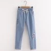 Juwas NEW ARRIVAL Retro Japanese Cat Embroidery Elastic Waist Jean
