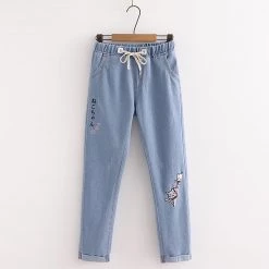 Juwas NEW ARRIVAL Retro Japanese Cat Embroidery Elastic Waist Jean