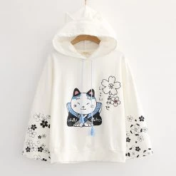 Juwas NEW ARRIVAL Japanese Sakura Cat Print Hoodie