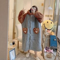 Juwas Kawaii Bear Paws Fluffy Hooded Night Pajama Set