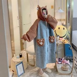Juwas Kawaii Bear Paws Fluffy Hooded Night Pajama Set