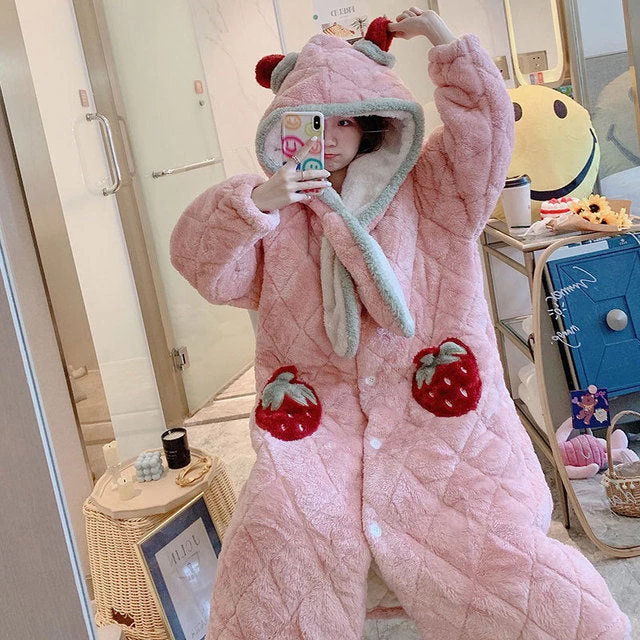 Juwas Sweet Strawberry Pink Flannel Fluff Oversized Pajamas CLOTHING 3 Juwas Sweet Strawberry Pink Flannel Fluff Oversized Pajamas CLOTHING