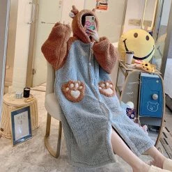 Juwas Kawaii Bear Paws Fluffy Hooded Night Pajama Set