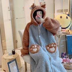 Juwas Kawaii Bear Paws Fluffy Hooded Night Pajama Set