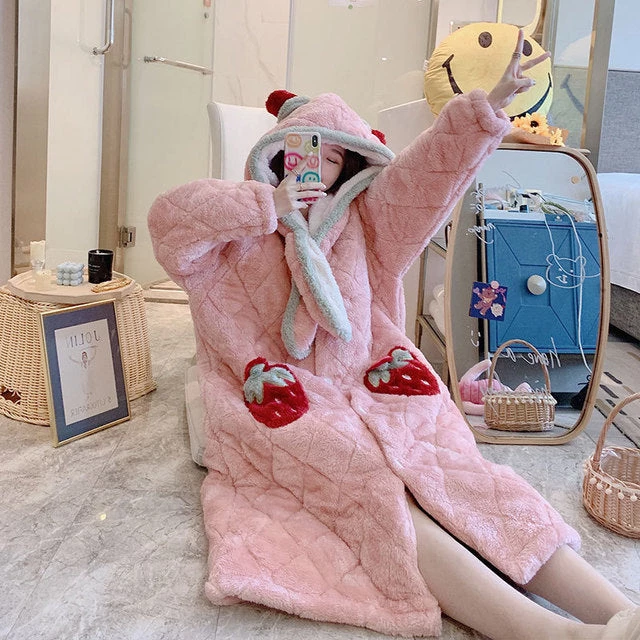 Juwas Sweet Strawberry Pink Flannel Fluff Oversized Pajamas CLOTHING 4 Juwas Sweet Strawberry Pink Flannel Fluff Oversized Pajamas CLOTHING