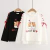 Juwas Cartoon Cat Print Lace Up Sweatshirt CLOTHING