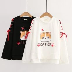 Juwas Cartoon Cat Print Lace Up Sweatshirt CLOTHING