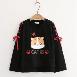 Juwas Cartoon Cat Print Lace Up Sweatshirt CLOTHING