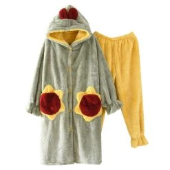 Juwas CLOTHING Kawaii Sunflower Bud Fluffy Hooded Night Pajama Set