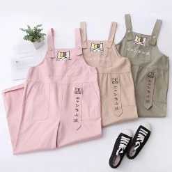 Juwas Kawaii Japanese Cat Embroider Overalls NEW ARRIVAL