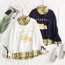 Juwas Cute Corgi Print Fake Two-Piece Sweatshirt CLOTHING