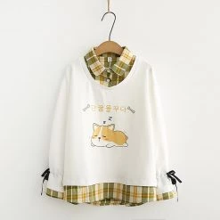 Juwas Cute Corgi Print Fake Two-Piece Sweatshirt CLOTHING