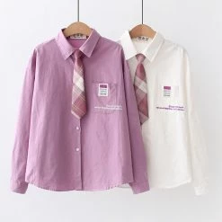 Juwas Basic White And Lavender Long Sleeve Polo Shirt CLOTHING