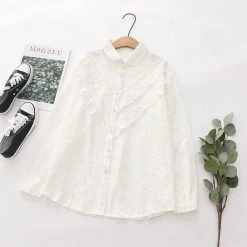 Juwas Kawaii Basic White Lolita Ruffled Long Sleeve Shirt CLOTHING