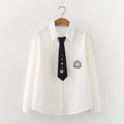 Juwas CLOTHING Cute Dr Bear Embroidered White Long Sleeve With Tie