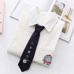 Juwas CLOTHING Cute Dr Bear Embroidered White Long Sleeve With Tie