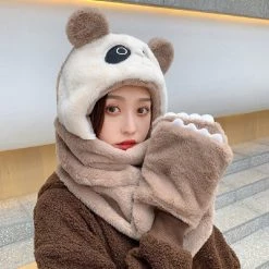 Juwas Cute Panda Hooded Scarf Gloves