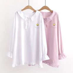 Juwas Chic Crown Printed Long Sleeve Collar Blouse