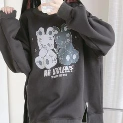 Juwas Rabbit NO VIOLENCE Print Plush Sweatshirt