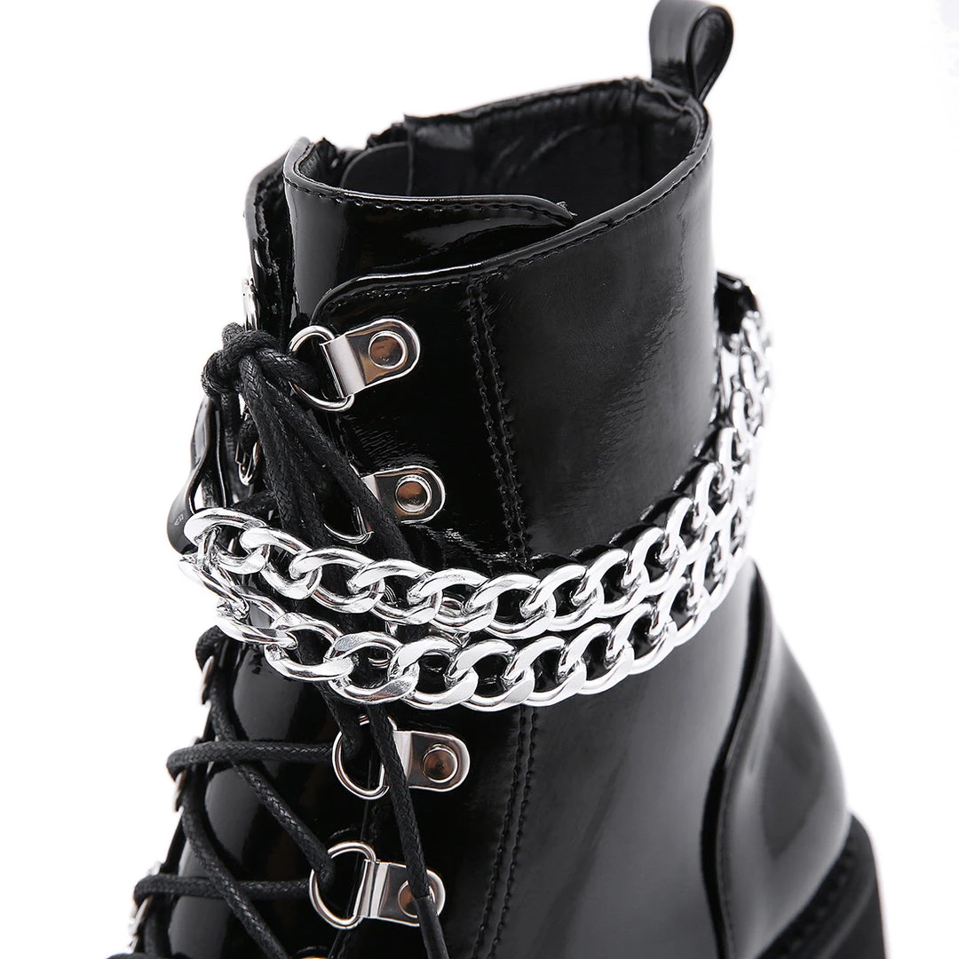 Juwas Shoes Gothic Patent Leather Wrap Around Chains Platform Boots 9 Juwas Shoes Gothic Patent Leather Wrap Around Chains Platform Boots