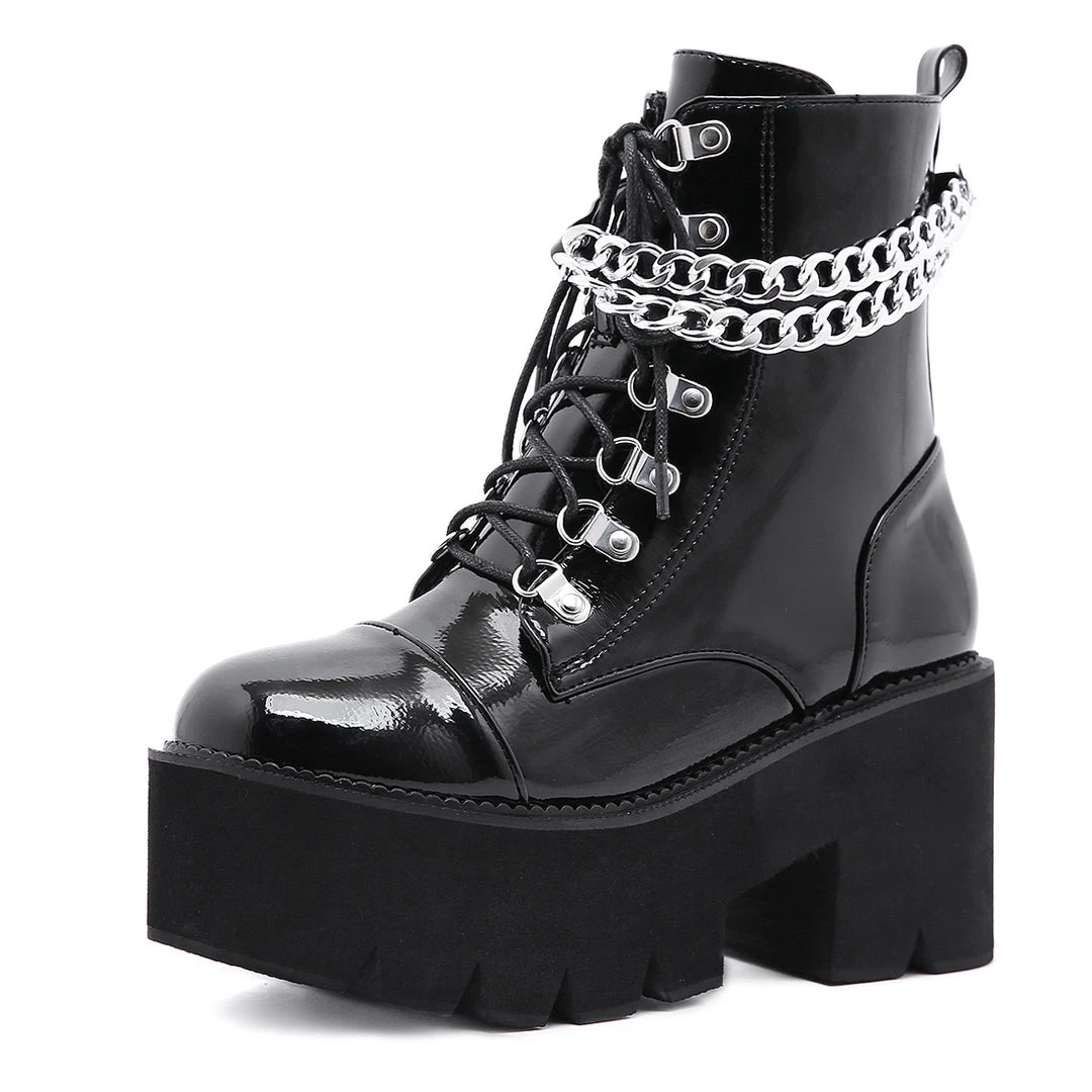 Juwas Shoes Gothic Patent Leather Wrap Around Chains Platform Boots 8 Juwas Shoes Gothic Patent Leather Wrap Around Chains Platform Boots