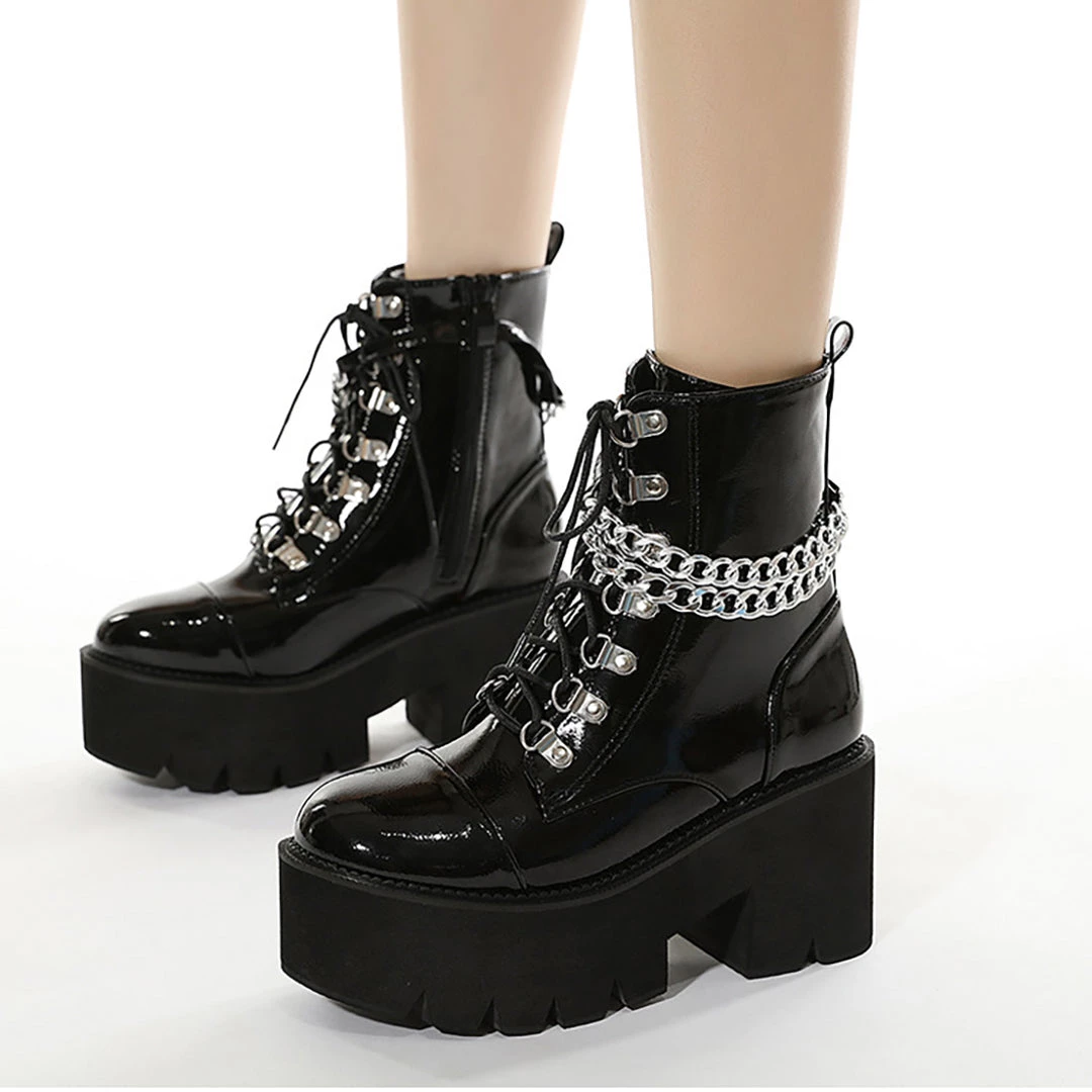 Juwas Shoes Gothic Patent Leather Wrap Around Chains Platform Boots 4 Juwas Shoes Gothic Patent Leather Wrap Around Chains Platform Boots