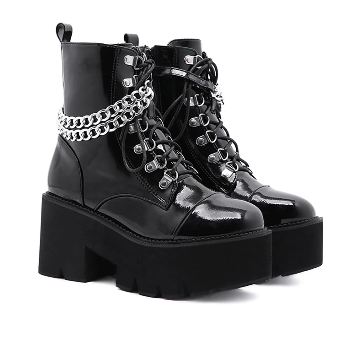 Juwas Shoes Gothic Patent Leather Wrap Around Chains Platform Boots 3 Juwas Shoes Gothic Patent Leather Wrap Around Chains Platform Boots