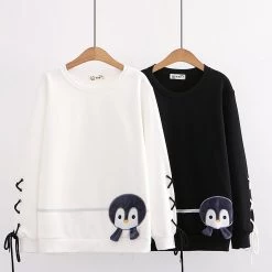 Juwas Baby Penguin Embroidery Lace Up Hoodie