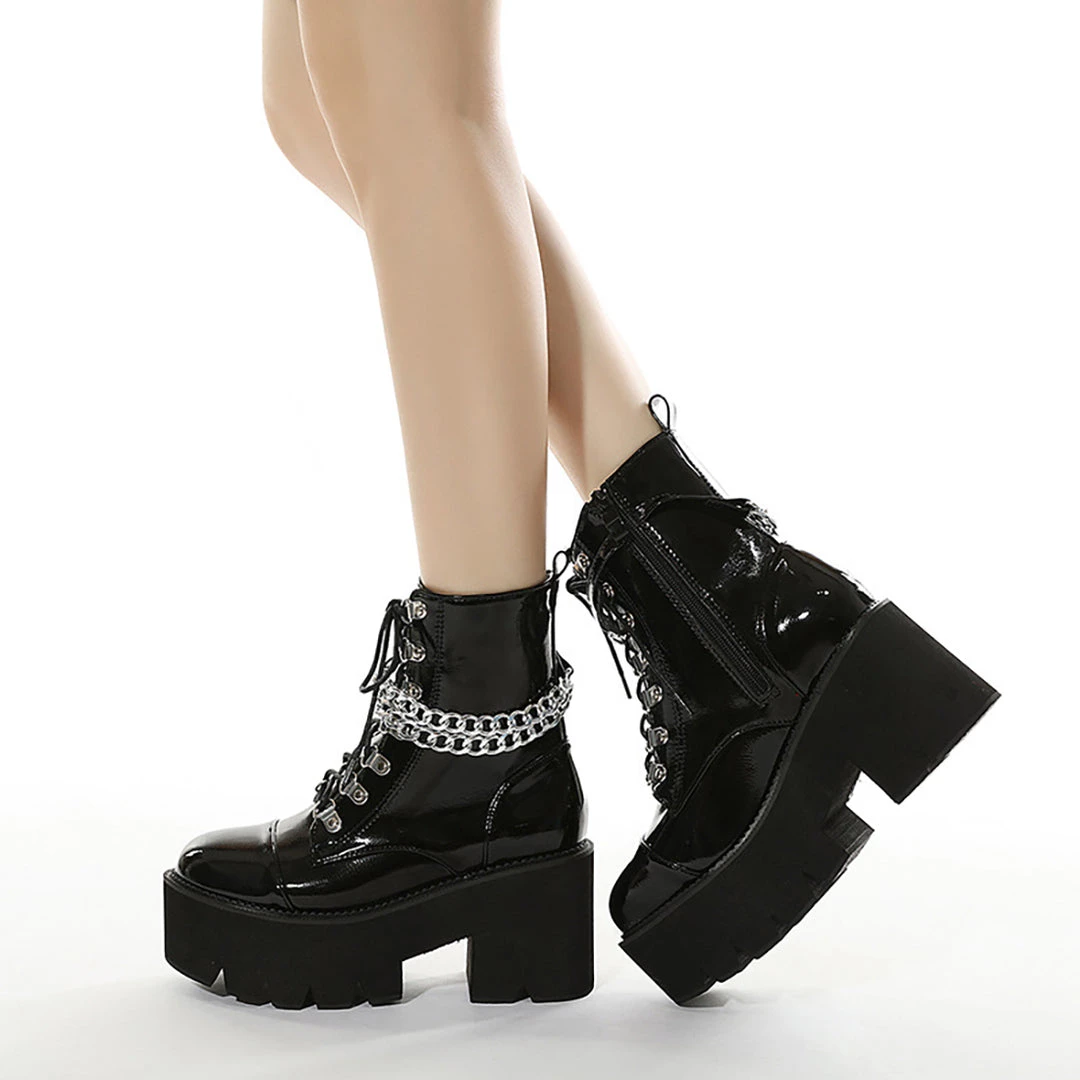 Juwas Shoes Gothic Patent Leather Wrap Around Chains Platform Boots 6 Juwas Shoes Gothic Patent Leather Wrap Around Chains Platform Boots