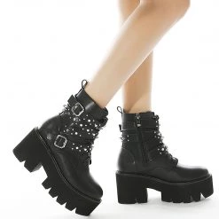 Juwas Shoes Gothic Rivets Chains Lace Up Platform Boots