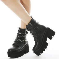 Juwas Shoes Gothic Rivets Chains Lace Up Platform Boots
