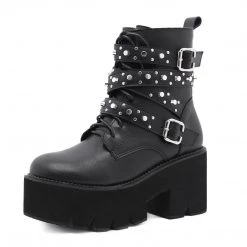 Juwas Shoes Gothic Rivets Chains Lace Up Platform Boots