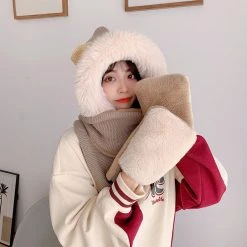 Juwas Lovely Ear Hooded Scarf Gloves CLOTHING