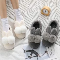 Juwas Shoes Cute Rabbit Fluffy Pom Pom Slipper