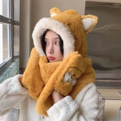 Juwas NEW ARRIVAL Lovely Cat Ears Warm Hooded Scarf Gloves