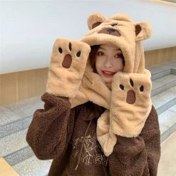 Juwas Cute Bear Hooded Scarf Gloves