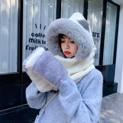 Juwas Lovely Ear Hooded Scarf Gloves CLOTHING