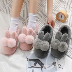 Juwas Shoes Cute Rabbit Fluffy Pom Pom Slipper