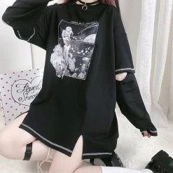 Juwas Japanese Cartoon Girls Print Split Long Hoodie