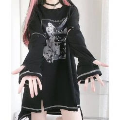Juwas Japanese Cartoon Girls Print Split Long Hoodie