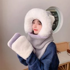 Juwas Lovely Ear Hooded Scarf Gloves CLOTHING