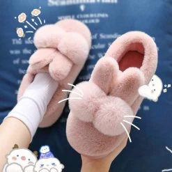 Juwas Shoes Cute Rabbit Fluffy Pom Pom Slipper
