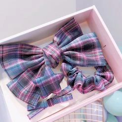 Juwas Plaid Bowknot Hair Clip Collect Box ACCESSORIES