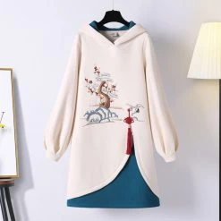 Juwas Vintage Embroidery Loose Sweatshirt Dress