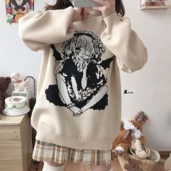 Juwas Loose Demon Girl Print Sweater CLOTHING