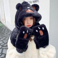 Juwas Cute Bear Hooded Scarf Gloves