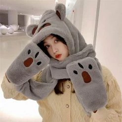 Juwas Cute Bear Hooded Scarf Gloves