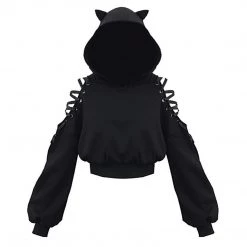 Juwas Gothic Cat Ear Lace Up Short Hoodie CLOTHING
